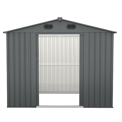 8 x 6 FT Outdoor Storage Shed, Metal Garden Shed with Two Lockable Sliding Doors, Tool Shed Outdoor Storage with Four Air Vents, Storage House Waterproof for Backyard, Lawn, Dark Gray