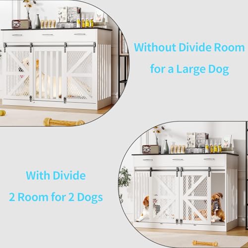 48'' Dog Crate Furniture with Removable Divider & Storage Drawers, Wooden Double Dog Cage TV Stand with 2 Sliding Barn Doors, Multi-Functional Dog Crate End Table for Indoor use (White)