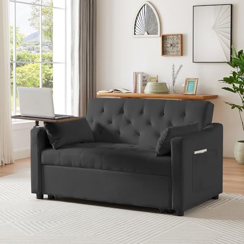 3 in1 Multi-Function Loveseat Sleeper Sofa Bed with Storage Pockets, Velvet Convertible Chaise Lounge Sofa Bed, Pull-out Sofa Bed with Adjustable Backrest and Pillows (Pink)