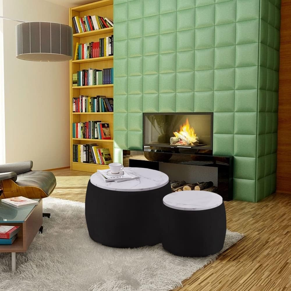 kevinplus Black Round Coffee Table Set of 2 Nesting Storage Ottoman for Living Room, Modern Circle Ottoman Coffee Table Drum Side Table End Table for Bedroom Apartment, Velvet Fabric (2-Pcs Black)