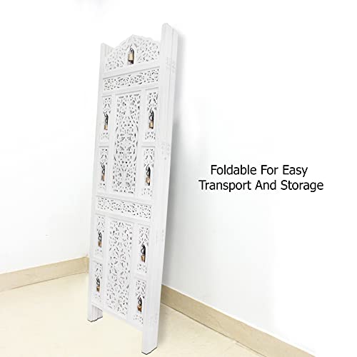 Room Divider Wood Screen - Ghanti Bells Antique Brown - 4 Panel Folding 72 x 80 - Assembled Hand Carved Decorative Functional Versatile Portable Partition Reversible Privacy Boho - COTTON CRAFT