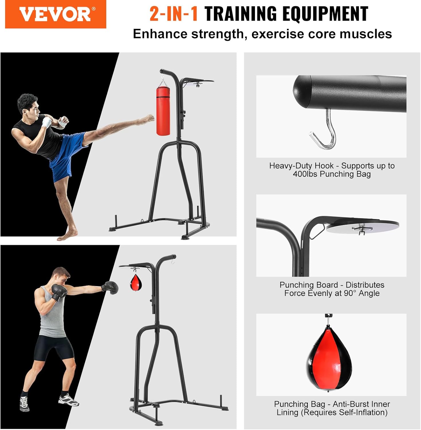 VEVOR Punching Bag Stand, Steel Heavy Duty Workout Equipment, Boxing Punching Bag Stand, Holds Up to 400 lbs, Freestanding Sandbag Rack with Weighted Base, Training Equipment for Home Gym Fitness