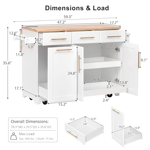 60" Kitchen Island with Drop Leaf and Power Outlet, Rolling Kitchen Cart on Wheels with Trash Can Storage Cabinet, Spice Rack, Towel Rack and Adjustable Shelf for Dining Room