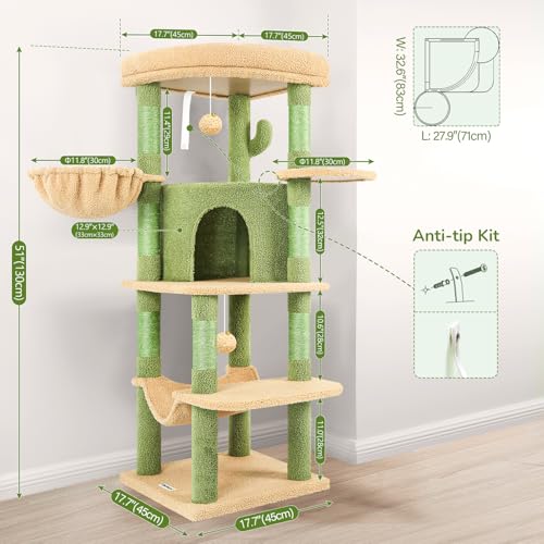 Globlazer Corner Cat Tree for Large Cats, 66inch Tall Curved Series Large Cat Tower for Multiple Indoor Cats with 6 Scratching Posts, 2 Spacious Cat Condos, Hammock, Hanging Basket, C66, Beige