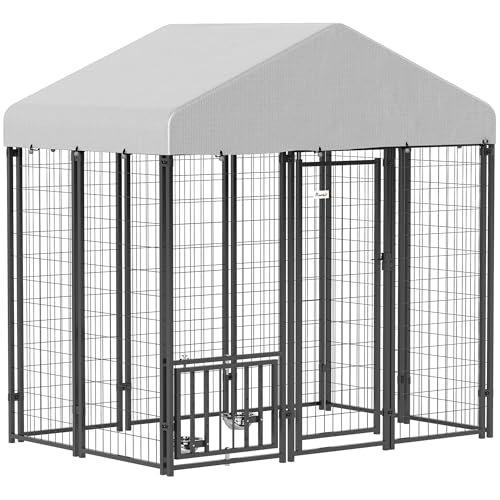 PawHut 4.6' x 4.6' x 5' Dog Kennel Outside, Welded Wire Outdoor Dog Kennel Run with Waterproof & UV Resistant Cover, for S&M Breeds, Chickens, Ducks, Black