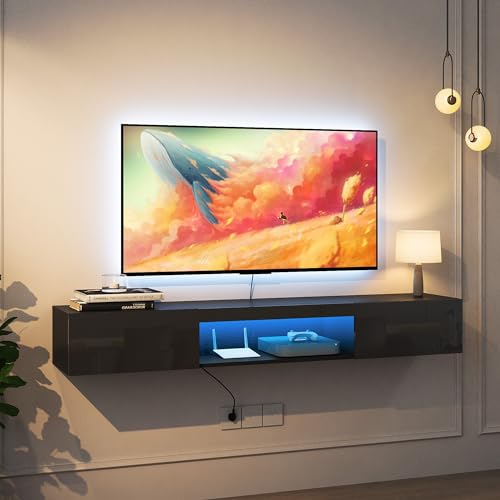 65" Floating TV Stand Wall Mounted, Floating TV Stand with LED Lights, TV Cabinet with Storage Entertainment Center up to Television 65" for Bedroom Living Room (Black, 65")