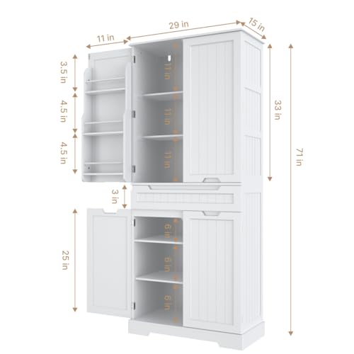 Gizoon 71" Tall Kitchen Pantry Storage Cabinet with Doors and Shelves Large Freestanding Pantry Storage Cabinet with Drawer Wooden Sideboard Buffet Cabinet for Bathroom Craft Room, White