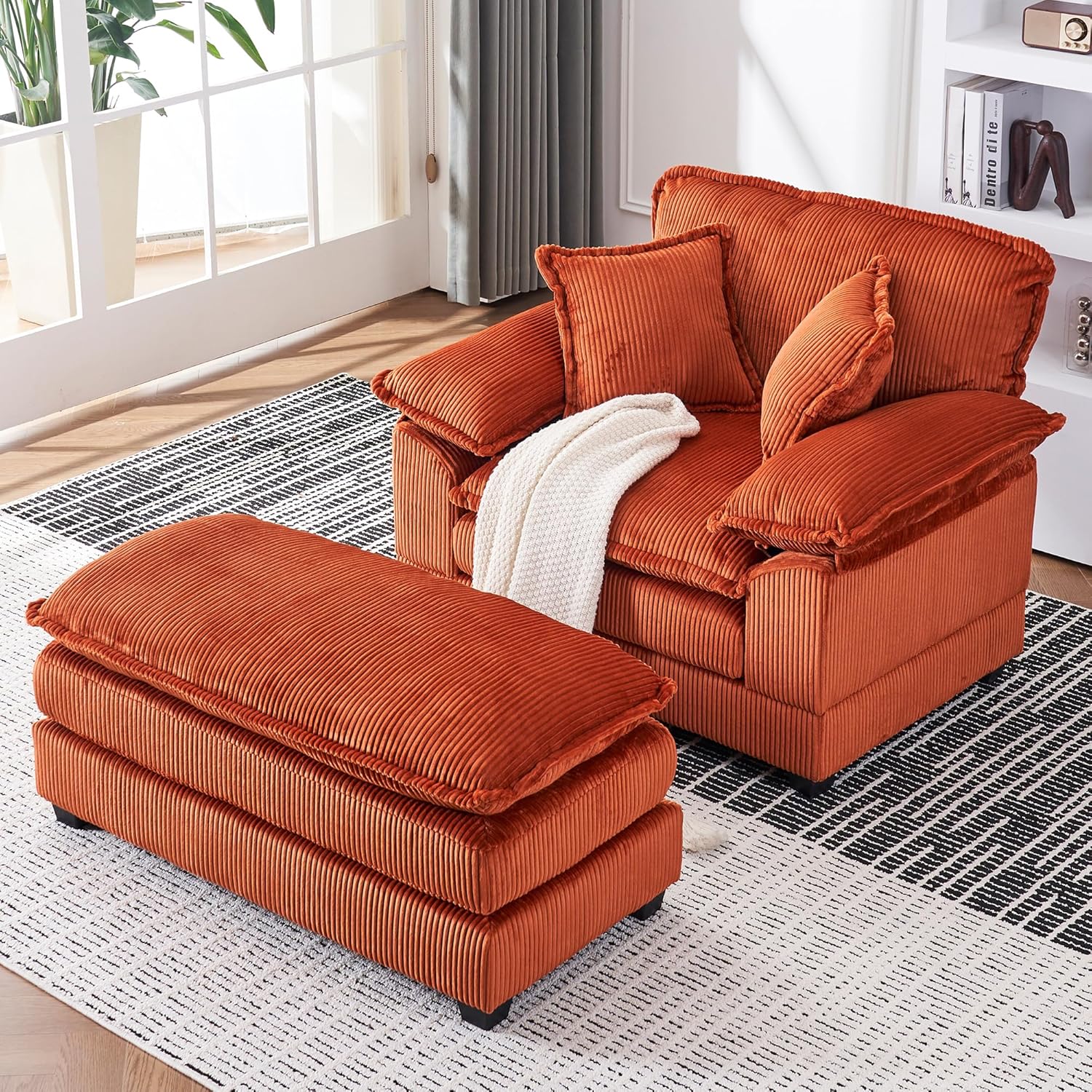 56.3'' Oversized Chaise Lounge Indoor, Wide Corduroy Single Sofa Chair with Ottoman, Plush Upholstered Deep Seat, Lazy Sleeper Sofa for Living Room, Apartment, Salon, Home Theater, Orange