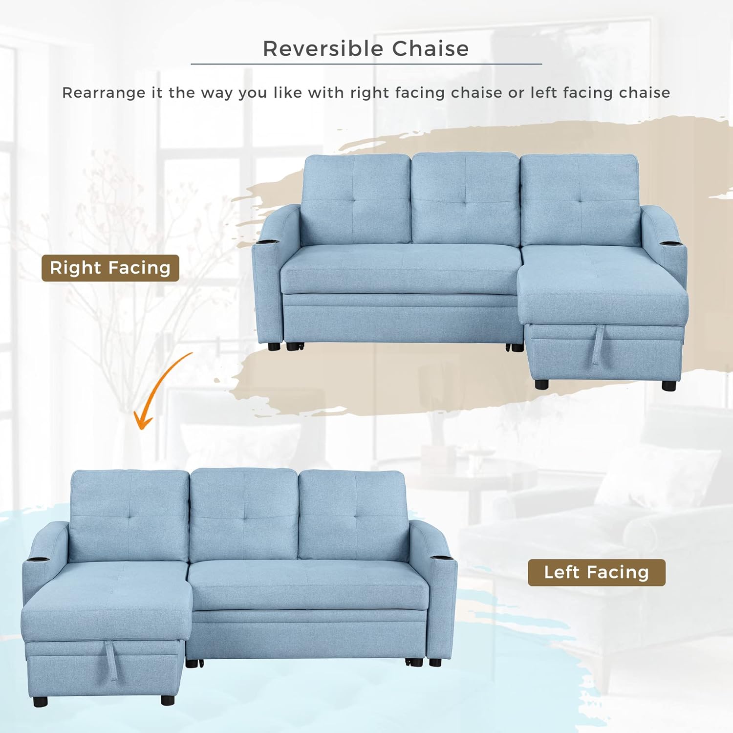 80.3" L-Shape Convertible Sleeper Sofa with Pull-Out Bed, Storage Chaise and 2 Cup Holders, Linen Fabric 3 Seater Upholstered Reversible Couch for Small Spaces Living Room, Blue