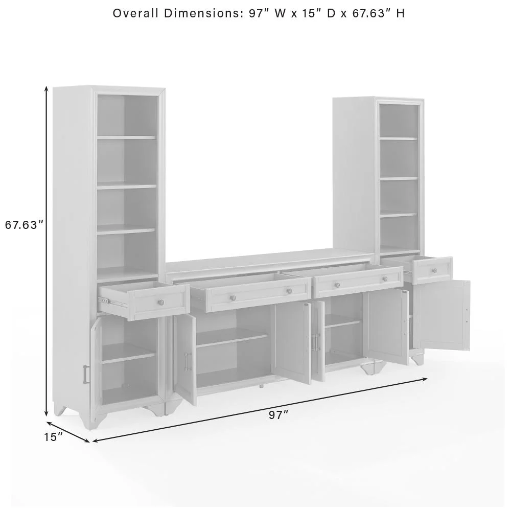 Crosley Furniture Tara 3PC Entertainment Center/Sideboard and Bookcases in White
