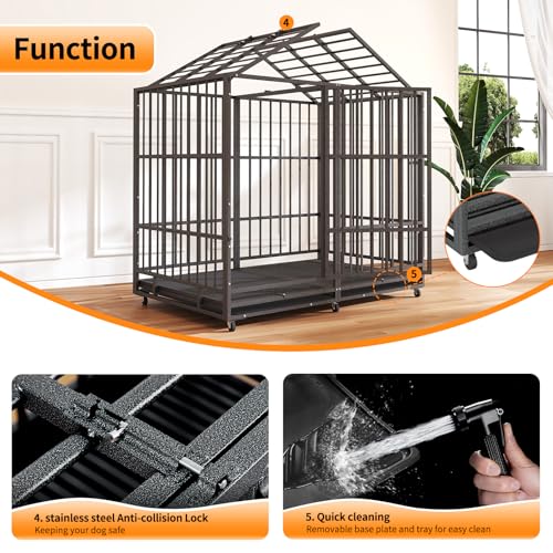 48 Inch Heavy Duty Indestructible Dog Crate Steel Escape Proof, Indoor Double Door High Anxiety Cage, Kennel with Wheels, Removable Tray, Extra Large XL XXL