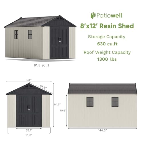 Patiowell 8 x 12 FT Plastic Outdoor Storage Shed with Floor, Resin Shed with Window and Lockable Door for Garden, Backyard, Tool Storage Use, Easy to Install in Beige (Kick-it Shed)