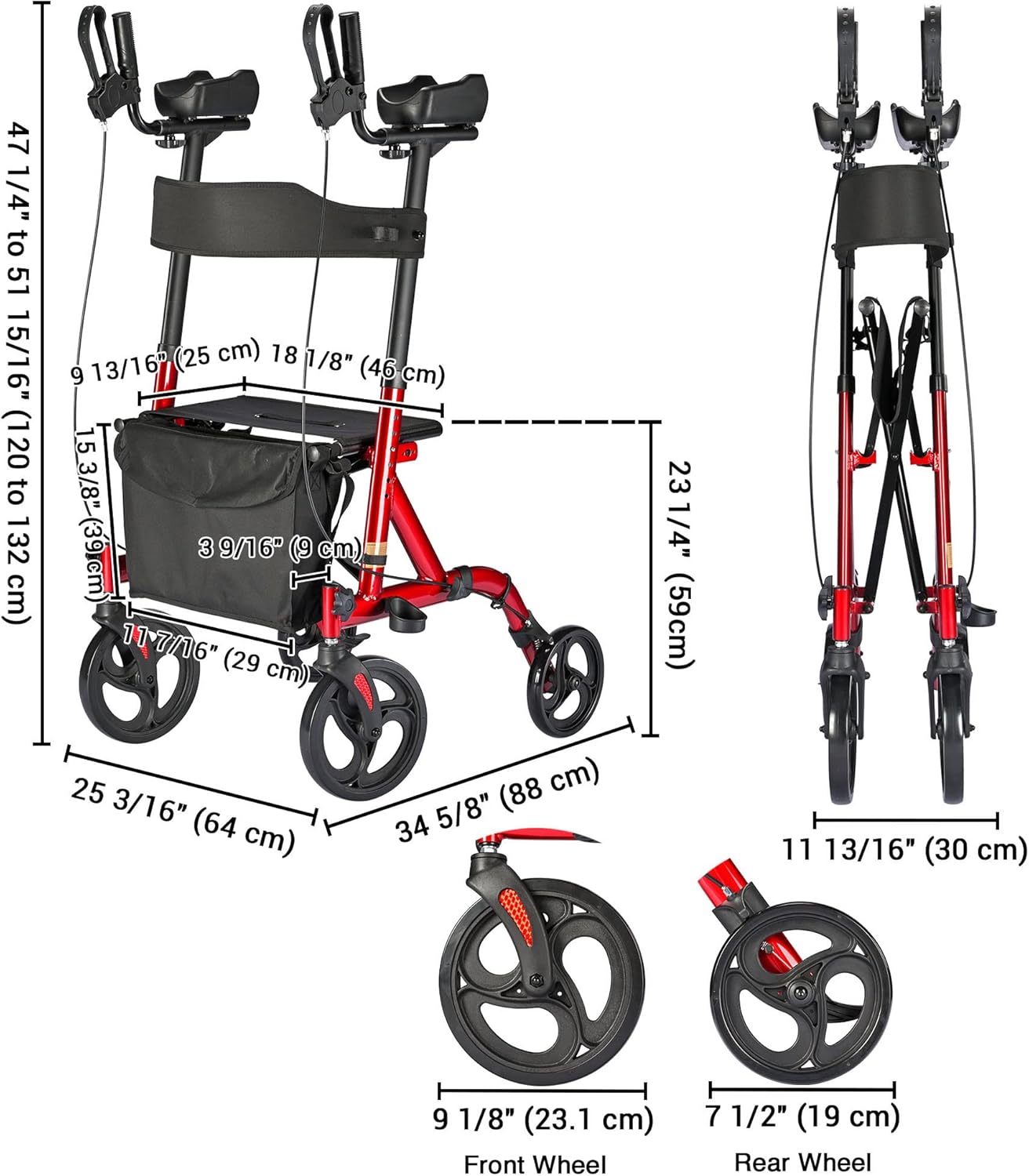 AW Stand Up Folding Rollator Upright Rollator Walker Armrest Walker 300 Lbs 4 Wheels Seat Padded Lightweight
