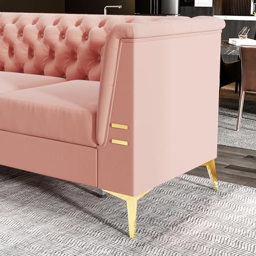 83.46'' Modern Chesterfield Velvet Sofa 3 Seater Fashion Couch with Gold Metal Legs Couches for Office,Living Room,Apartment,Furniture (83.46" White)