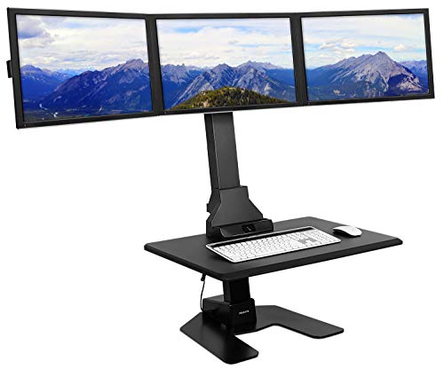 Mount-It! Triple Monitor Electric Standing Desk Converter - 3 Screens Stand Up Desk Riser - Height Adjustable Desktop & 3 Mounts for Screens up to 32", Sit-Stand Convertor for Home, Office, School