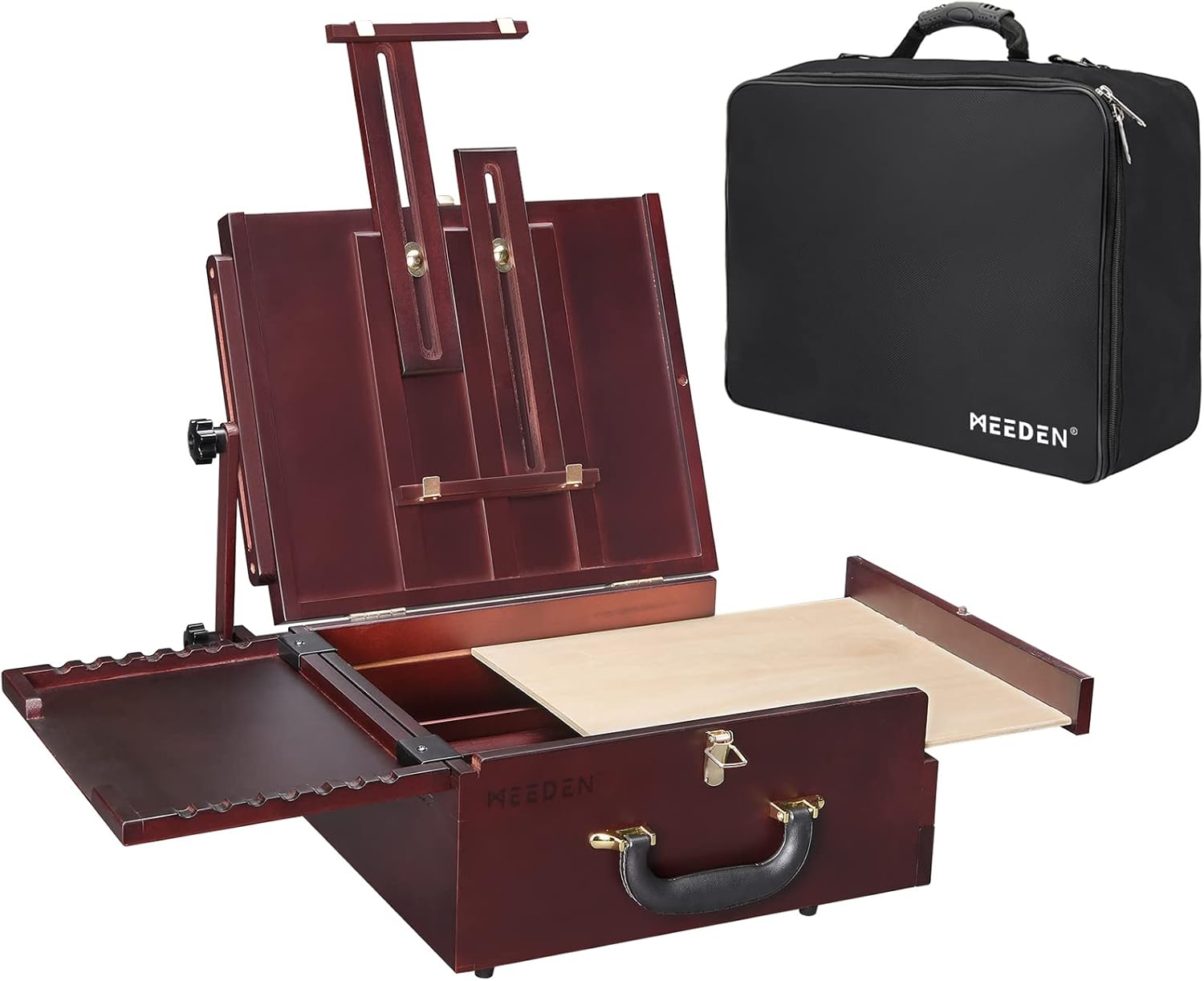 MEEDEN Artist Pochade Box,Portable French Easel,Sketch Easel Box with Storage,Plein Air Easel for Painting with Nylon Carry Bag,Makes Outdoor Painting Easy and Fun,Walnut