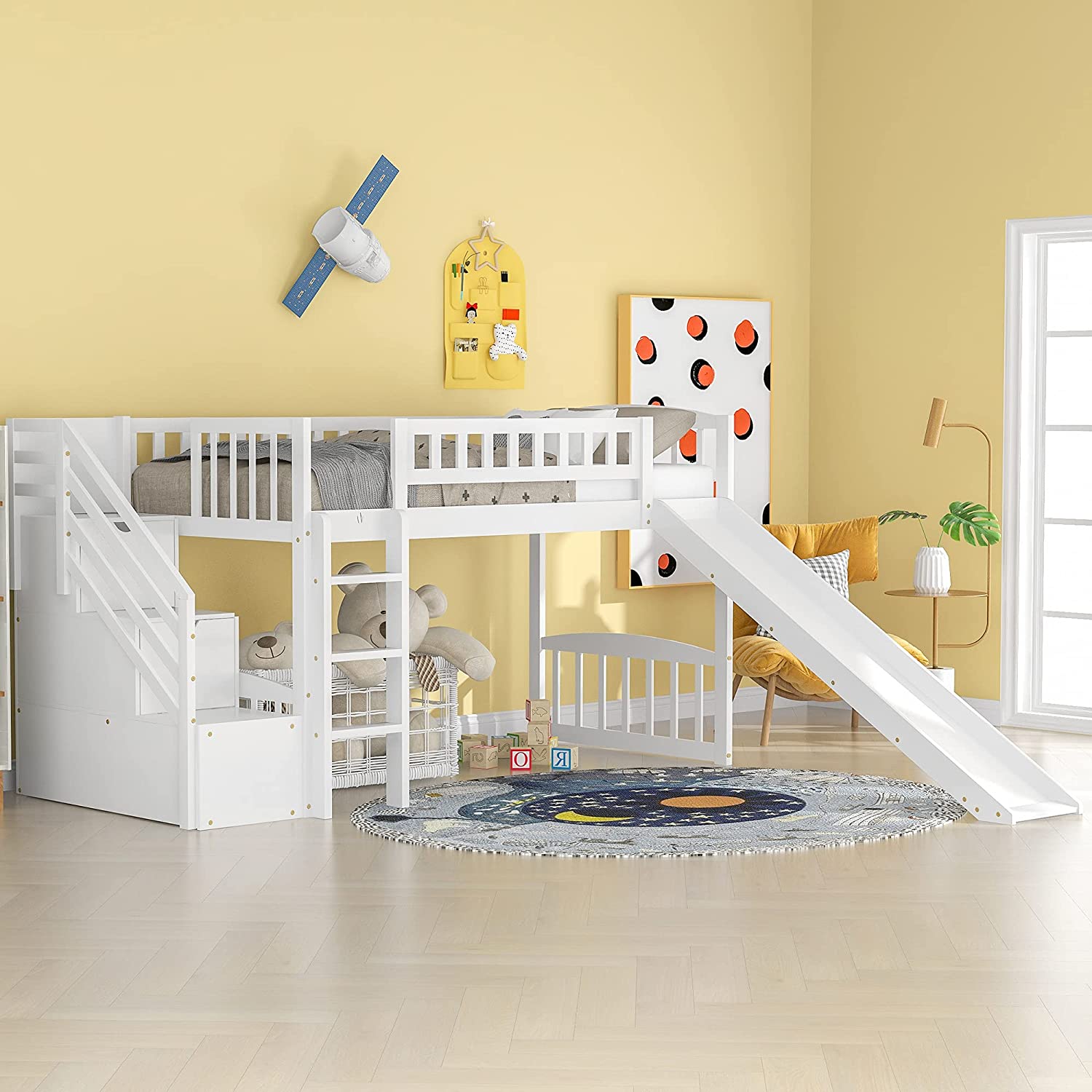 Loft Bed With Slide And Stairs, Wooden Low Loft Bed Frame With Storage For Kids Girls Boys - White