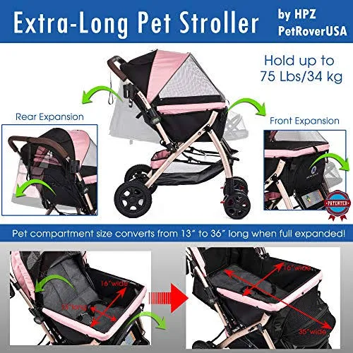 HPZ Pet Rover XL Extra-Long Premium Heavy Duty Dog/Cat/Pet Stroller Travel Carriage with Convertible Compartment/Zipperless Entr