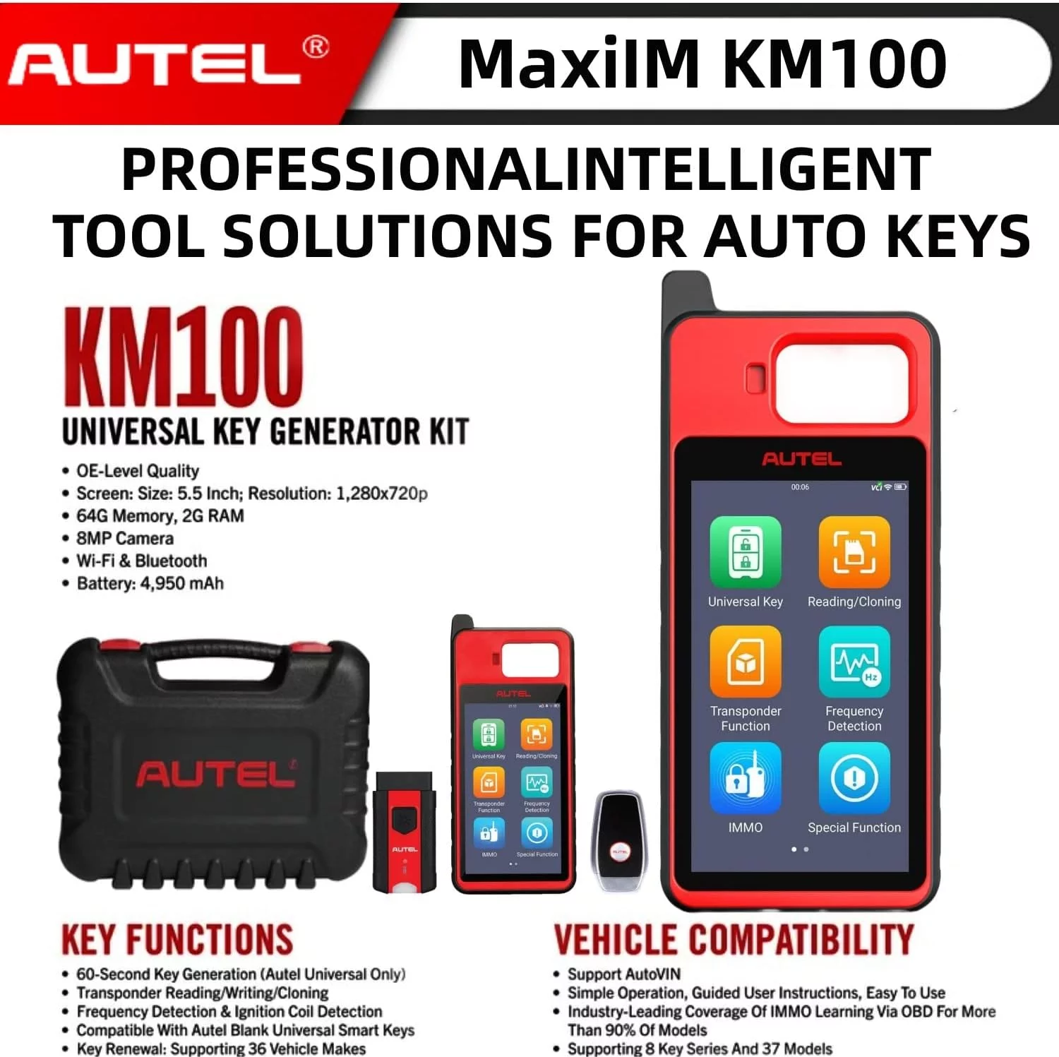 Autel MaxiIM KM100 Key Fob Programmer Immobilizer Tool with 2pcs Blank IKEY 60s Key Generation OBD IMMO/Key Learning Transponder Editing Chip Read/Write/Clone Frequency Detection Lite IM508 IM608 PRO