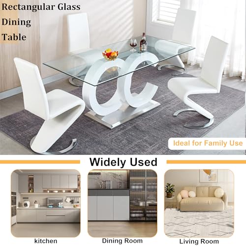 70 inch Glass Dining Table for 8, Modern Clear Tempered Glass Dining Room Table with Golden Stainless Steel Pedestal, Large Rectangular Glass Kitchen Table for Dining Room Dinner Office