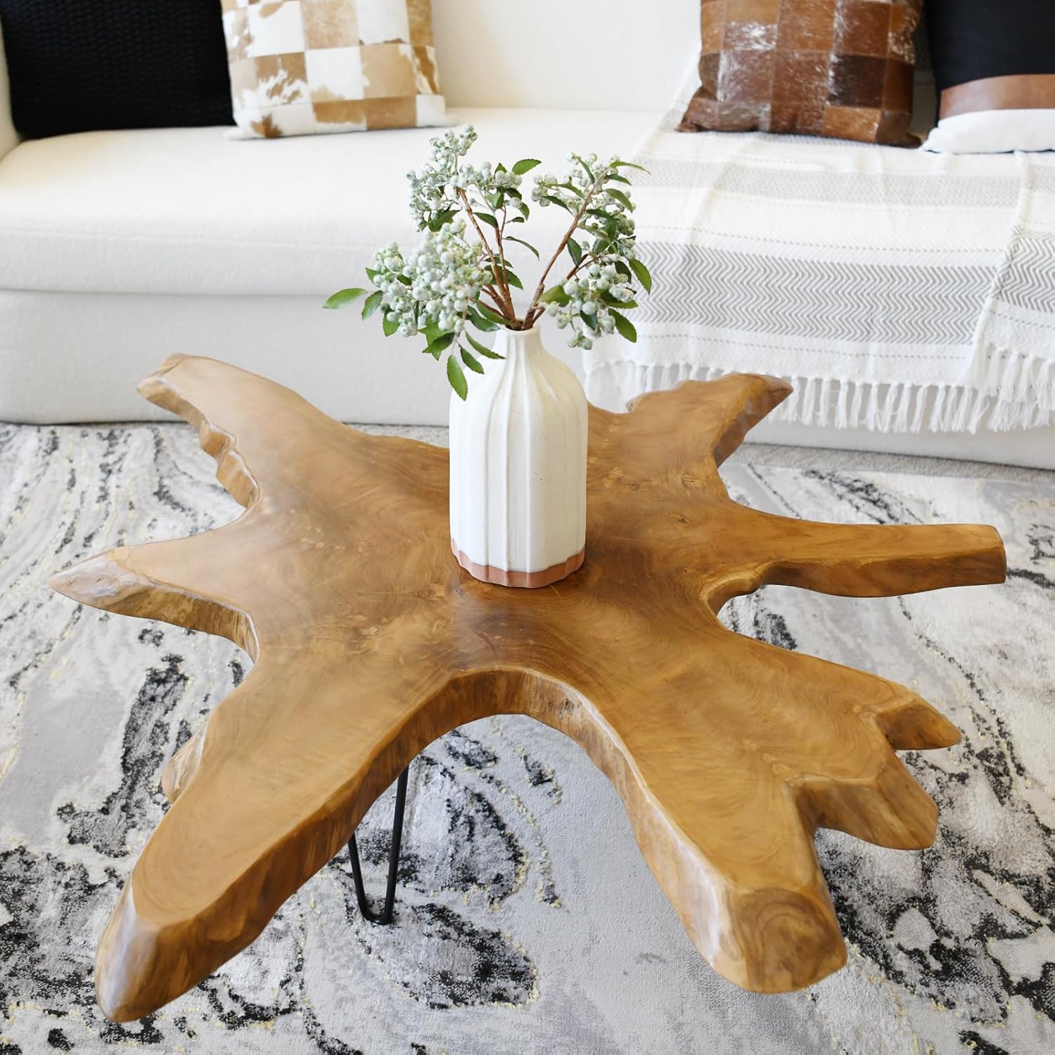 WELLAND Live Edge Teak Coffee Table Natural Wood Rustic Table 36"