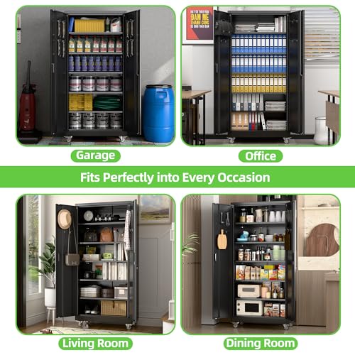 Aobabo 71" H×34" W×18" D Garage Metal Storage Cabinet with Wheels, Locking Steel Storage Cabinet with 5 Shelves and 4 Hooks, for Home Office, School, Assembly Required, Black Silver