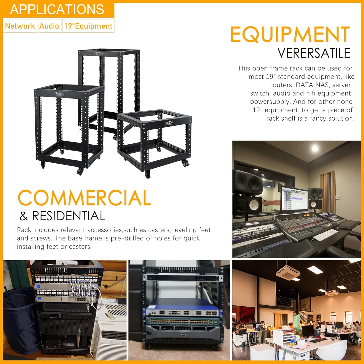 RIVECO 9U Open Frame Server Rack with Casters- Heavy Duty 4 Post Quick Assembly 19-inch, Stereo Rack Network Cabinet Black
