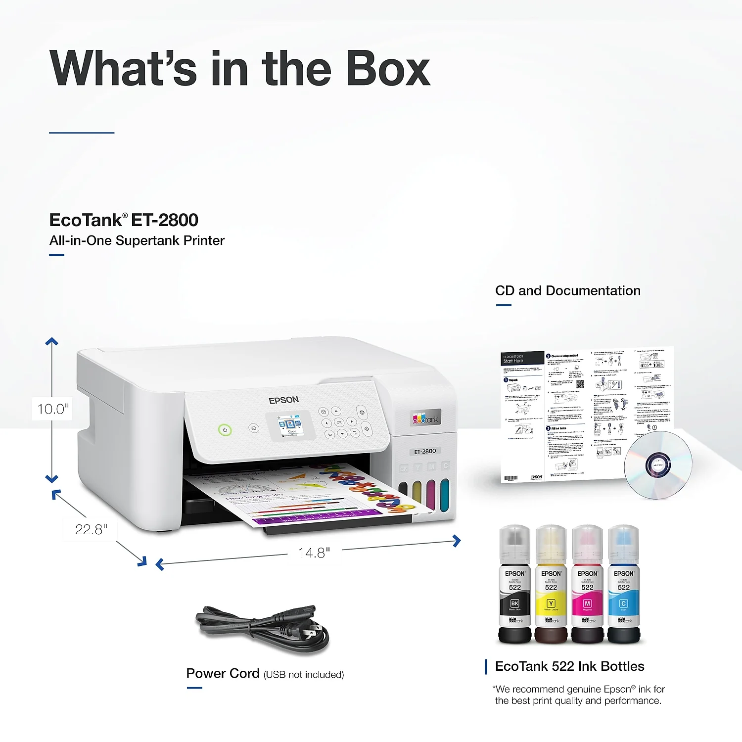 Epson EcoTank ET-2800 Wireless Color All-in-One Cartridge-Free Supertank Printer with Scan and Copy ? The Ideal Basic Home Printer - White