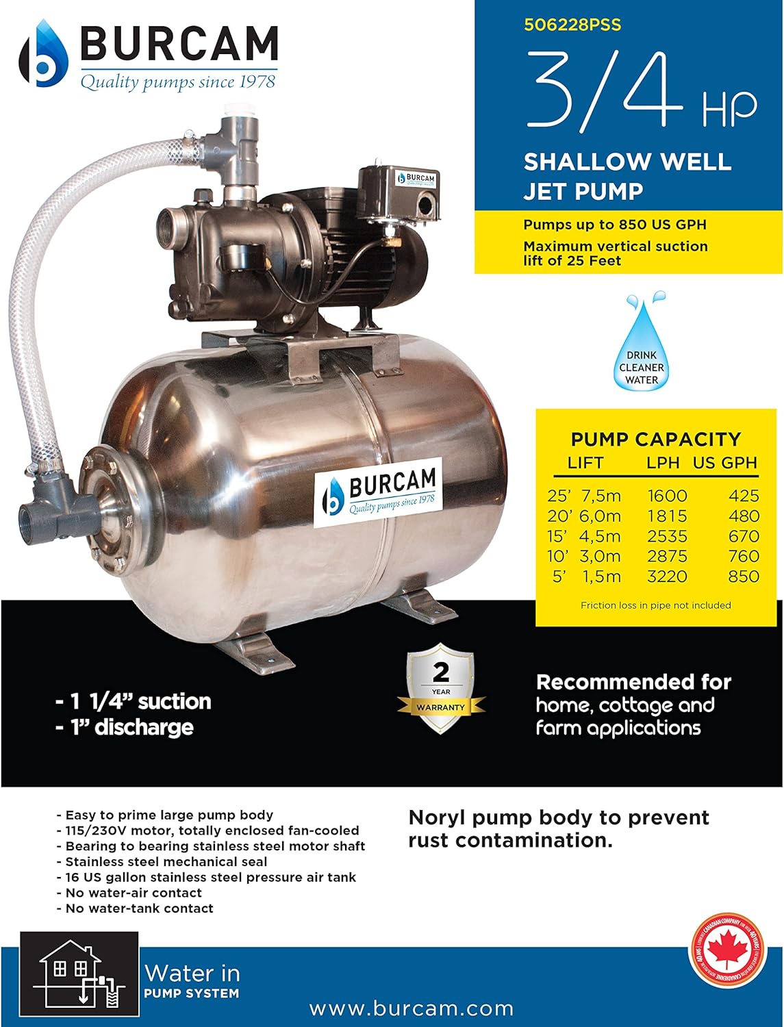 B BURCAM QUALITY PUMPS SINCE 1978 505228PSSZ 506228PSSZ 3/4 HP Shallow Well Jet Pump System, Noryl Corrosion Resistant