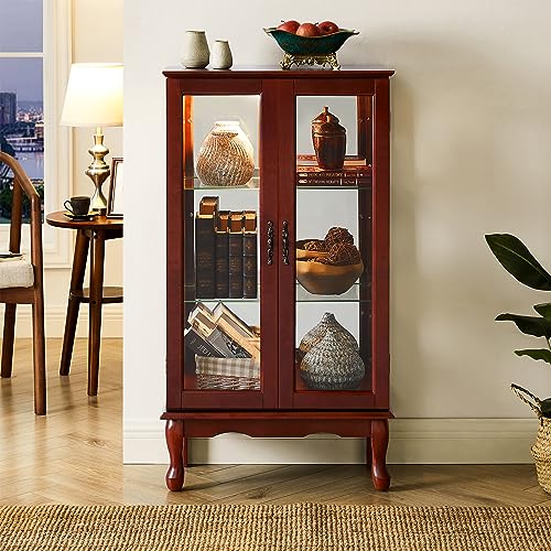 Living Room Display Country Tuscan Wall Curio Display and Storage Cabinet,Cabinet with Adjustable Shelves and Mirrored Back Panel, Tempered Glass Doors(3Tier)(E26 Light Bulb not Included) (Walnut)