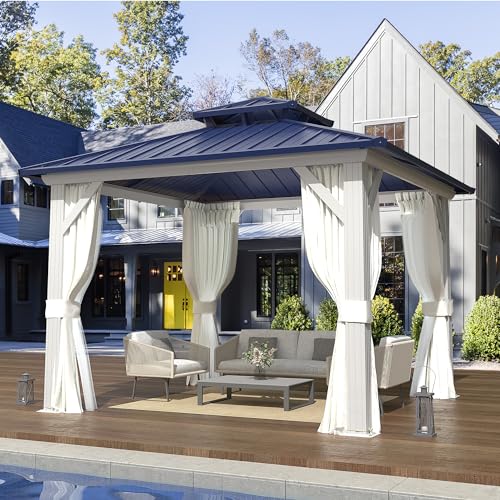 EROMMY 14'x20' Hardtop Gazebo Double Roof Galvanized Steel Canopy Outdoor Aluminum Frame Permanent Metal Pavilion with Netting and Curtains for Patio Backyard Deck and Lawns