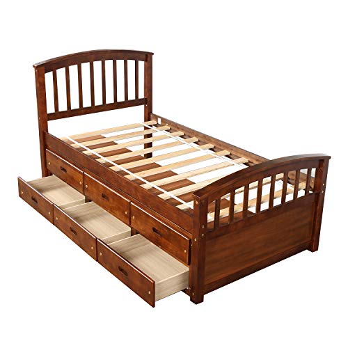 SOFTSEA Twin Platform Bed with Storage 6 Drawers, Twin Captain Bed for Kids Teens Adults, Twin Platform Bed with Headboard and Footboard for Bedroom, Solid Wood Bed Frame, White