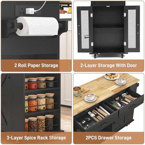 59" Kitchen Island W/Power Outlet&Drop Leaf,Kitchen Rolling Island W/Spice Rack&Towel Rack&Drawers,Kitchen Island Cart W/Sliding Barn Door,Mobile Island Table W/Adjustable Shelves for Dining Room