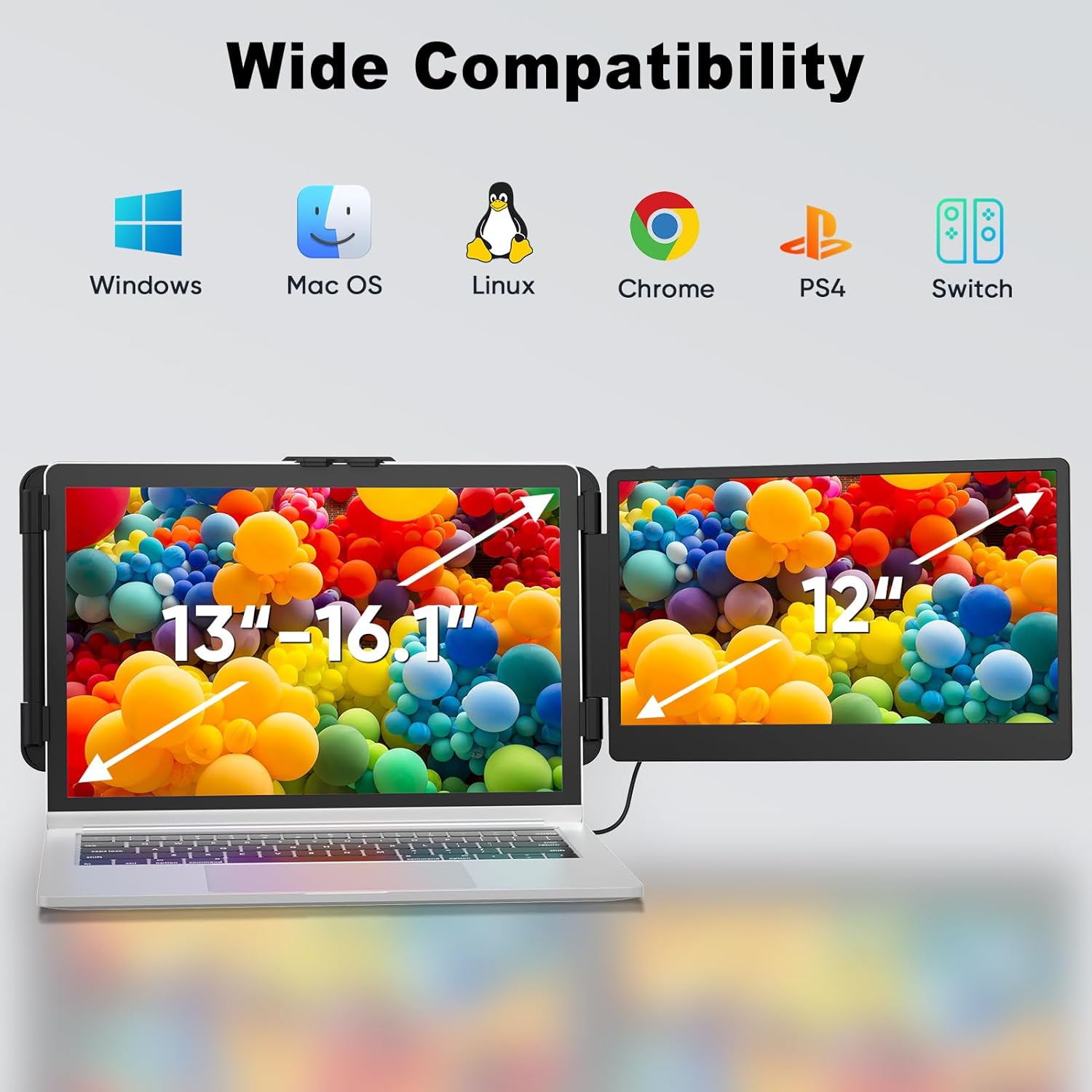 Portable Monitor, Laptop Screen Extender, 12" 1080P FHD IPS Plug & Play 180 ° Foldable for Easy Portability, Travel Monitor Extender Work with 13-16.1'' Wins Mac Chrome
