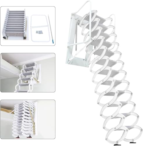 Attic Ladder Telescopic Ladder, 12 Steps Wall Mounted Folding Stairs Pull Down Loft Ladder Heavy Duty Al-Mg Alloy Attic Access Ladder 9.5-10FT Height with Armrests, 882LB Load Capacity