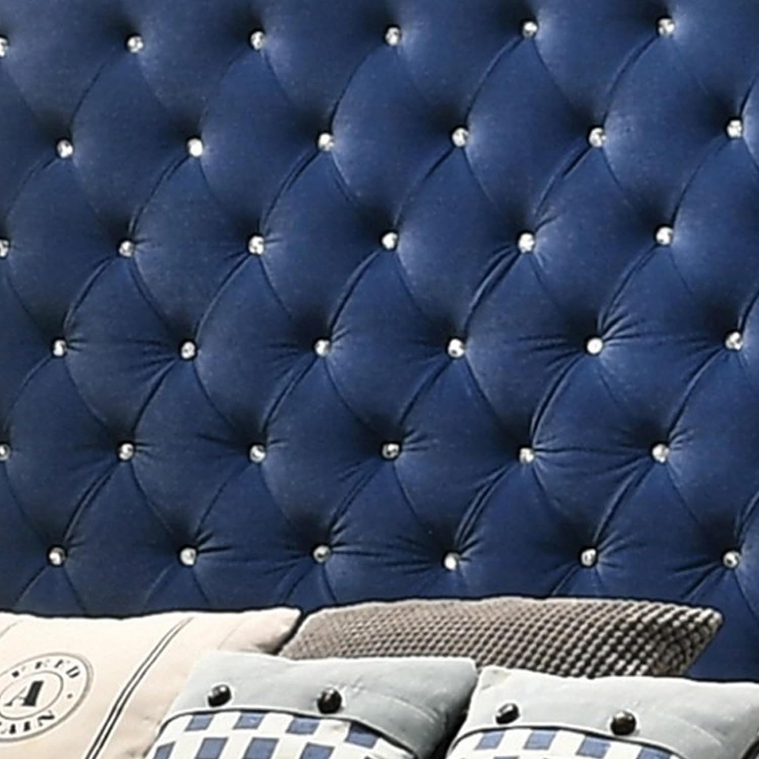 Benjara BM302868 Velvet Upholstery Tufted Headboard Giya Wingback King Size Bed Pacific Blue & Nickel