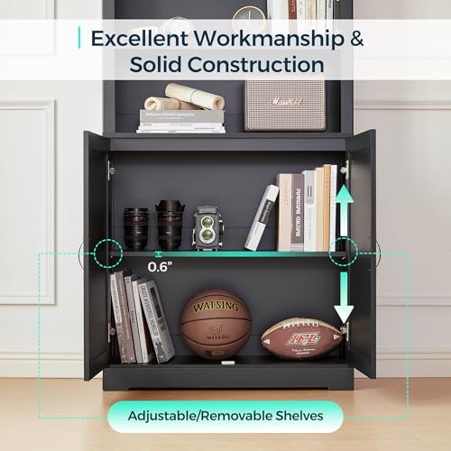 Farmhouse Bookshelves and Bookcases with Doors, Floor Standing 5 Shelf Display Storage Shelves, 69 in Tall Bookcase for Home Office, Living Room, Brown