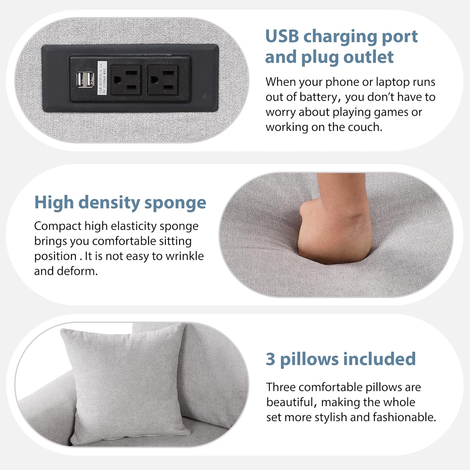 LUMISOL 87.4" L-Shape Sectional Sofa with USB Charging Port and Plug Outlet, Pull-Out Sofa Bed with 3 Pillows for Living Room Small Apartment, Grey