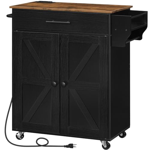 HOOBRO Kitchen Island with Power Outlet, Kitchen Island Storage Island with Large Worktop, Spice Rack and Drawer, Rolling Kitchen Cart on Wheels, for Kitchen and Dining Room, Rustic Brown and Black