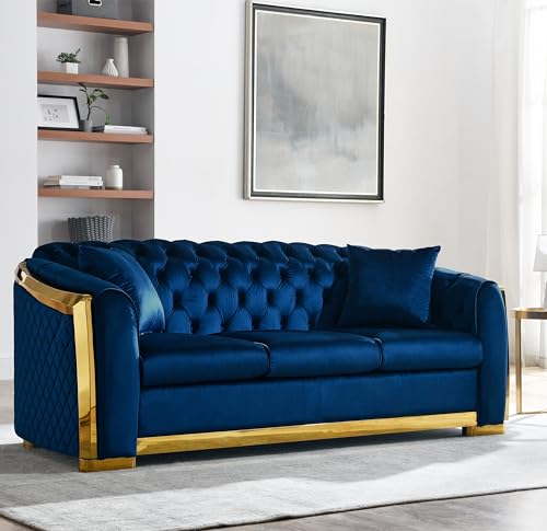 WILLIAMSPACE 81.1" Tufted Velvet Sofa Couch for Living Room, 3 Seater Button Sofa with Stainless Steel Gold Plating Decoration, Comfy Soft Upholstered Couch with 2 Pillows - Blue