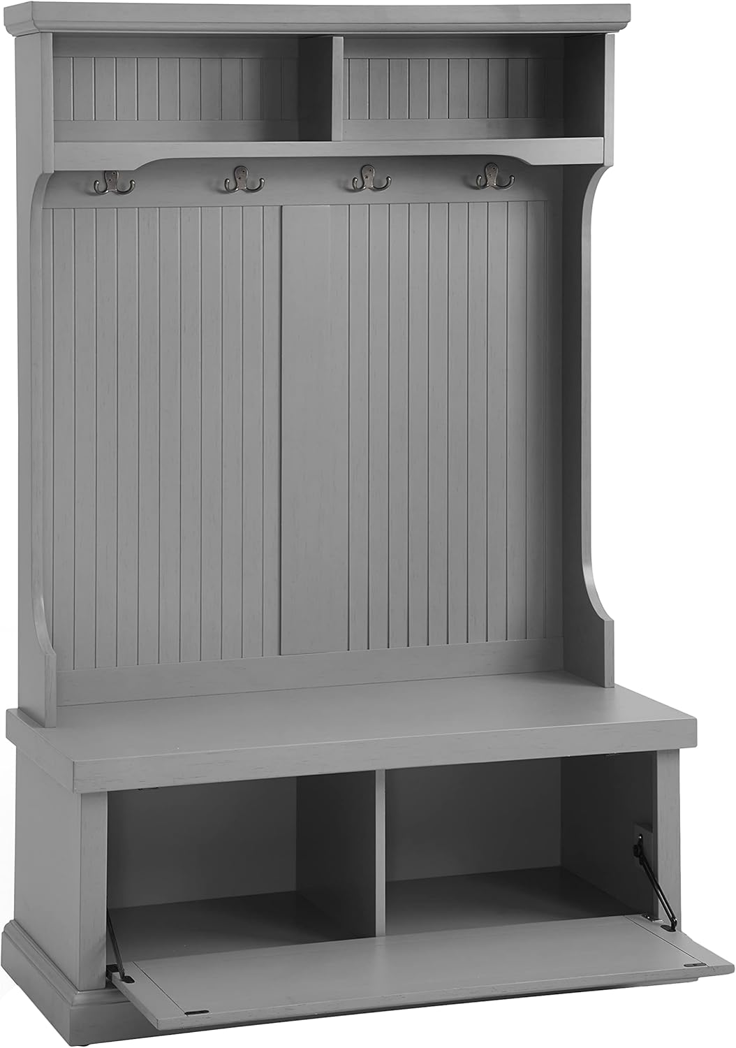 Crosley Furniture Seaside Hall Tree, Entryway Bench with Coat Rack and Shoe Cabinet, Distressed Gray