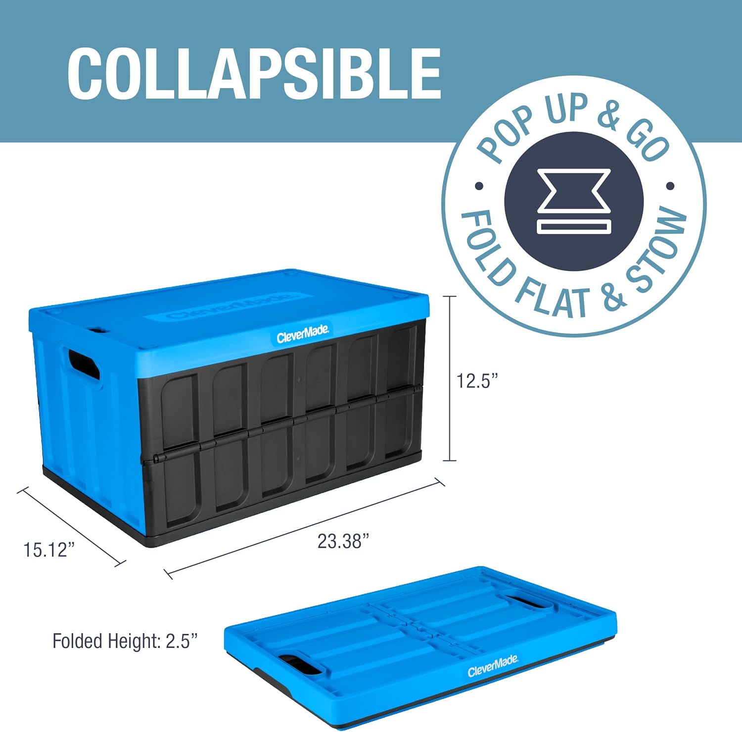 CleverMade 62L Collapsible Storage Bins (3 Pack) + Lids - Foldable Plastic Utility Crates for Organizing