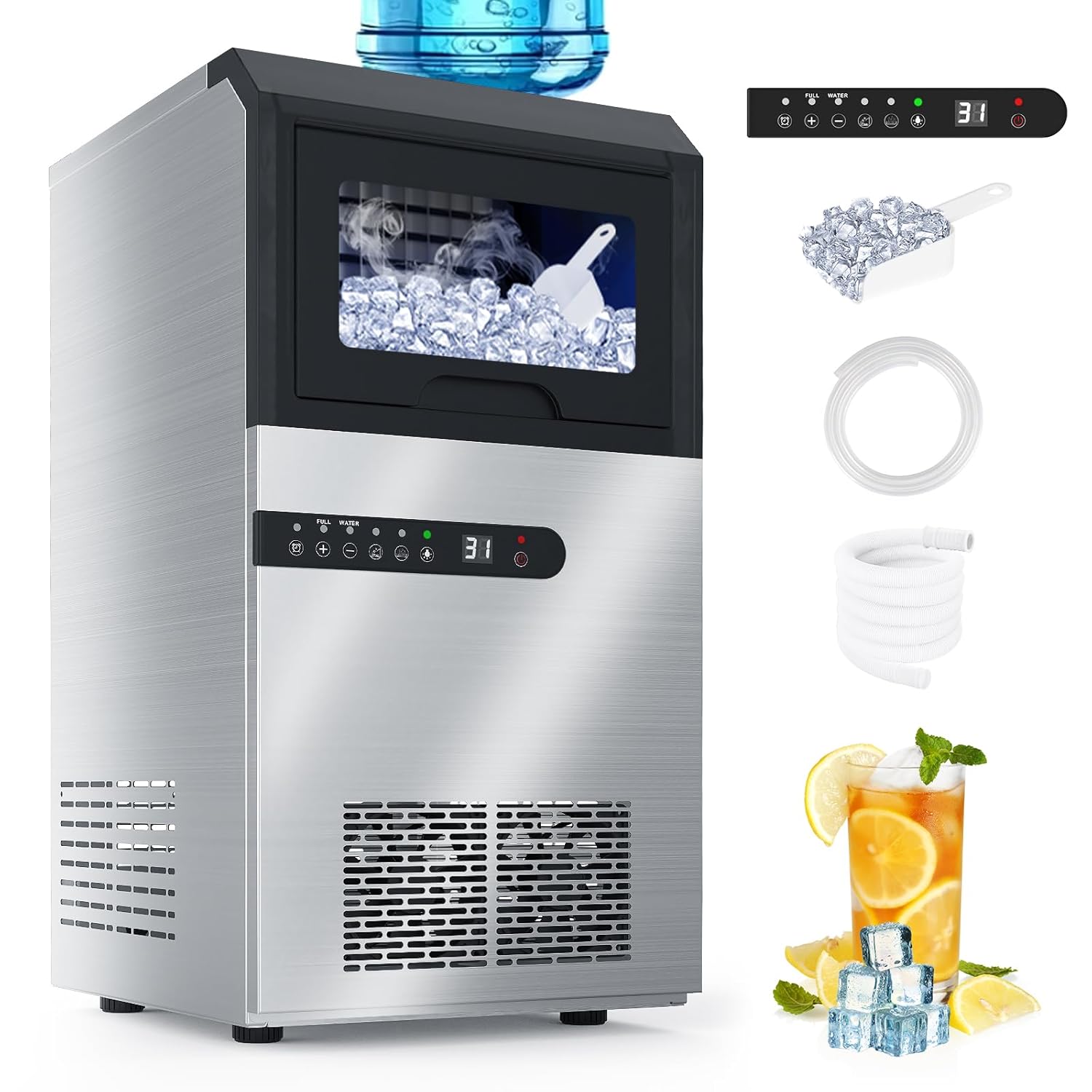 Commercial Ice Maker Machine 100Lbs/24H, Under Counter Ice Maker with Large Storage Bin, 2 Way Water Inlet, 45 Ice Cubes, Tap Water & Top Loading Freestanding Ice Machine for Home, Office, Bars