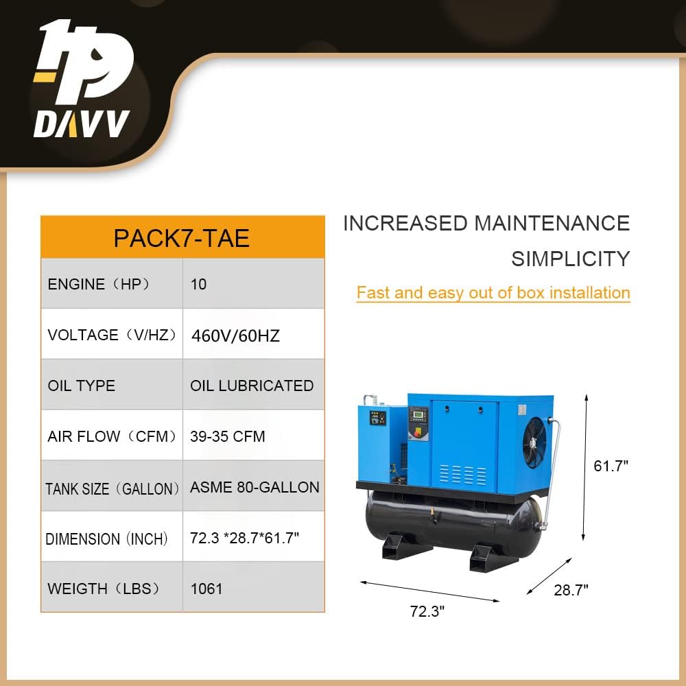 460V 3-Phase Rotary Screw Air Compressor With ASME Tank & Refrigerated Dryer - 10HP/7.5KW - 40CFM/125PSI - 80 Gallon ASME Tank Industrial Air Compressed System Base Mounted Pack7-TA46