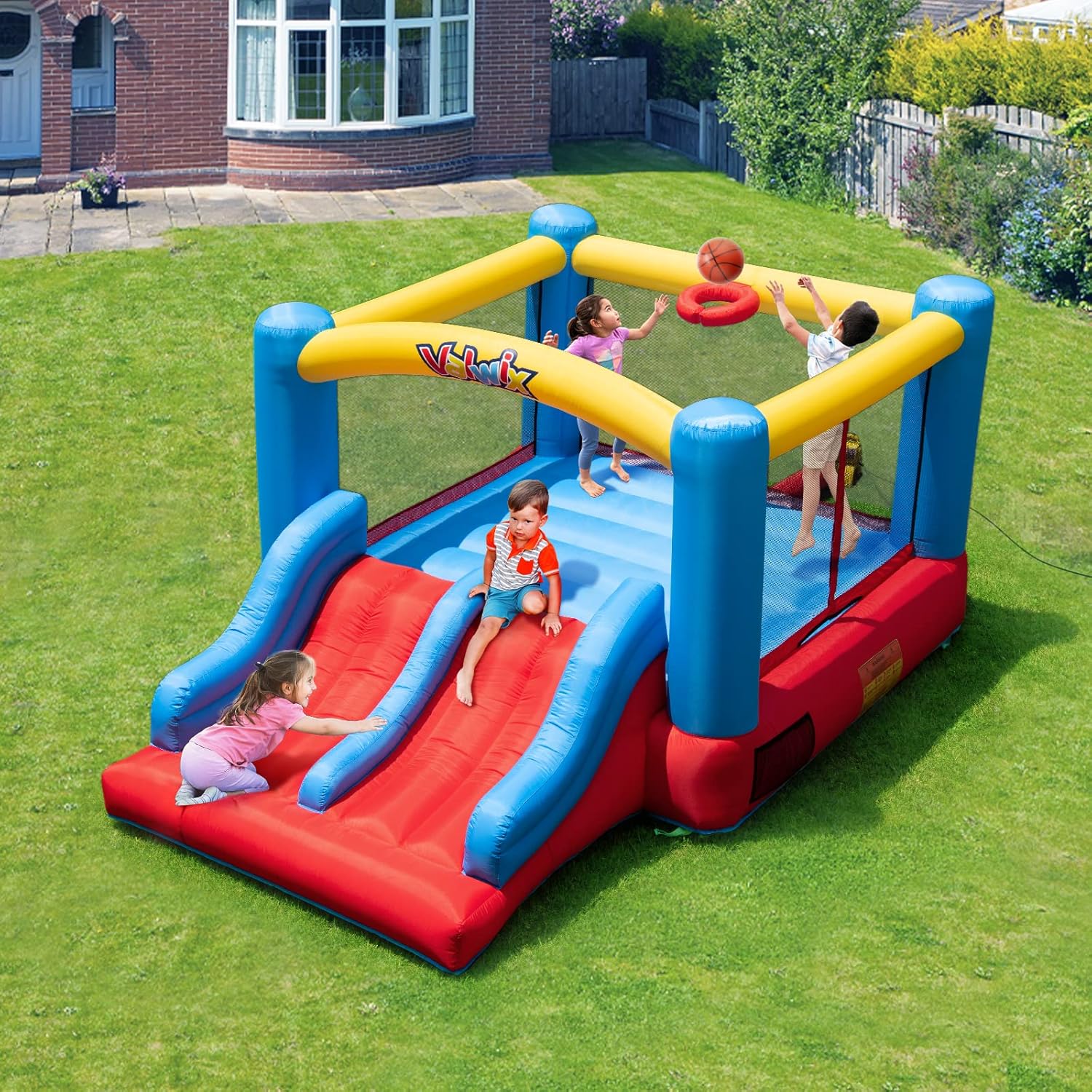 Valwix Bounce House, Inflatable Bouncer with Blower for Kids 3-10, Indoor Outdoor Bouncy Castle Double Slide, Large Bounce Area w/Basketball Hoop, 300 LBS Capacity
