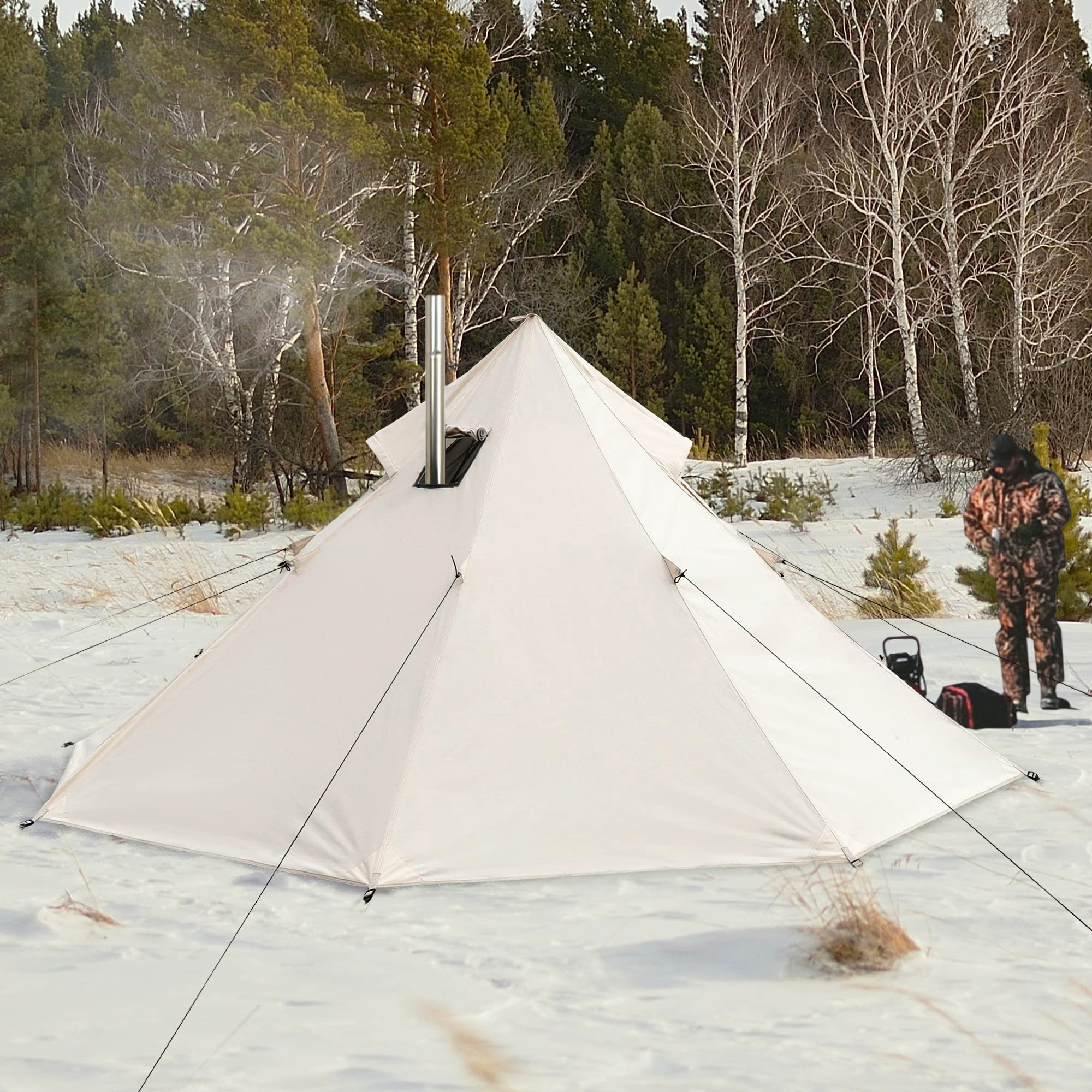 4 Persons Hot Tent Canvas Tent with Stove Jacket, 4 Season Waterproof Camping Teepee Tent for Adults
