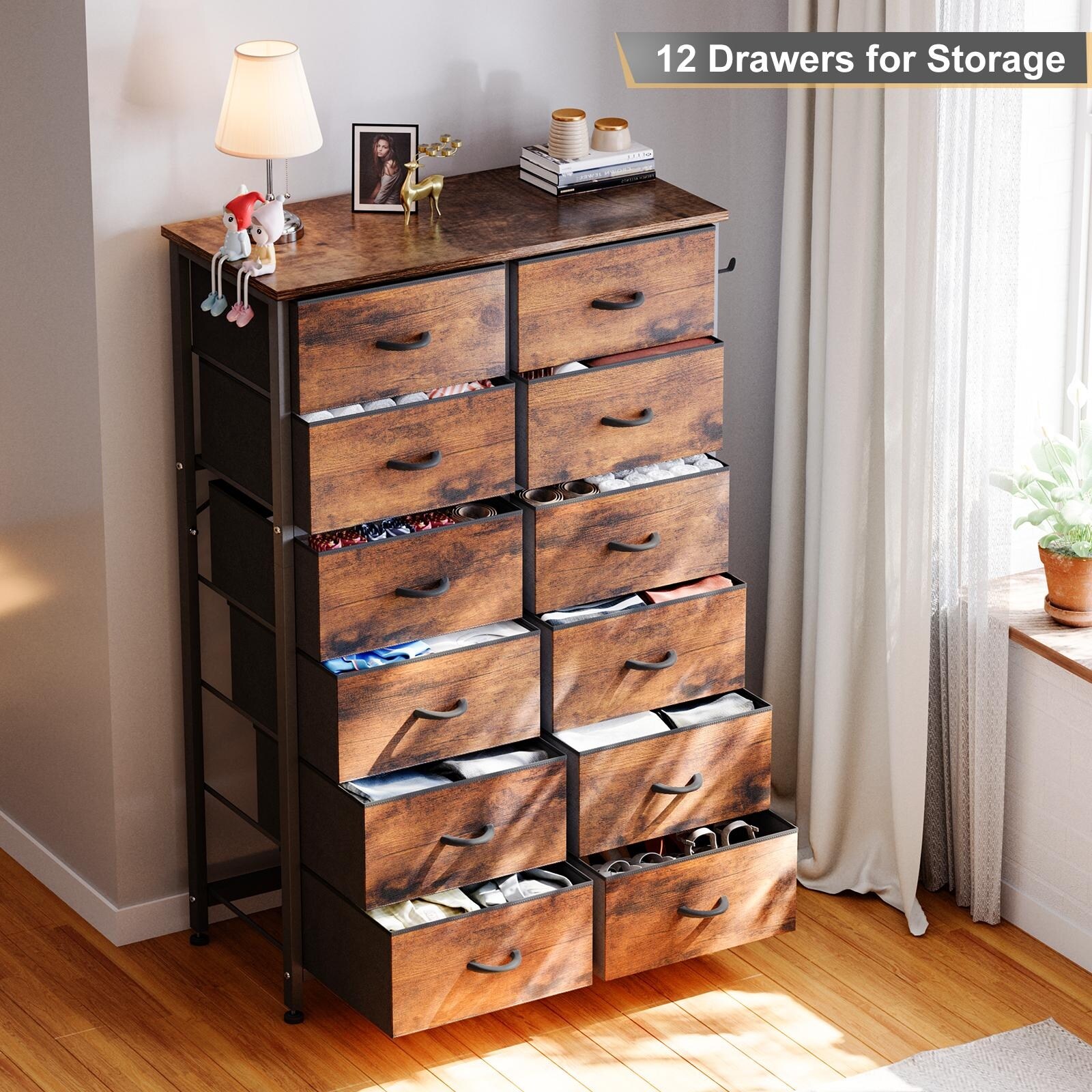 JINYUZHOU INC 12 Drawer Dresser Tall Fabric Chests of Drawers Closet for Bedroom Rustic Brown - 12-drawer