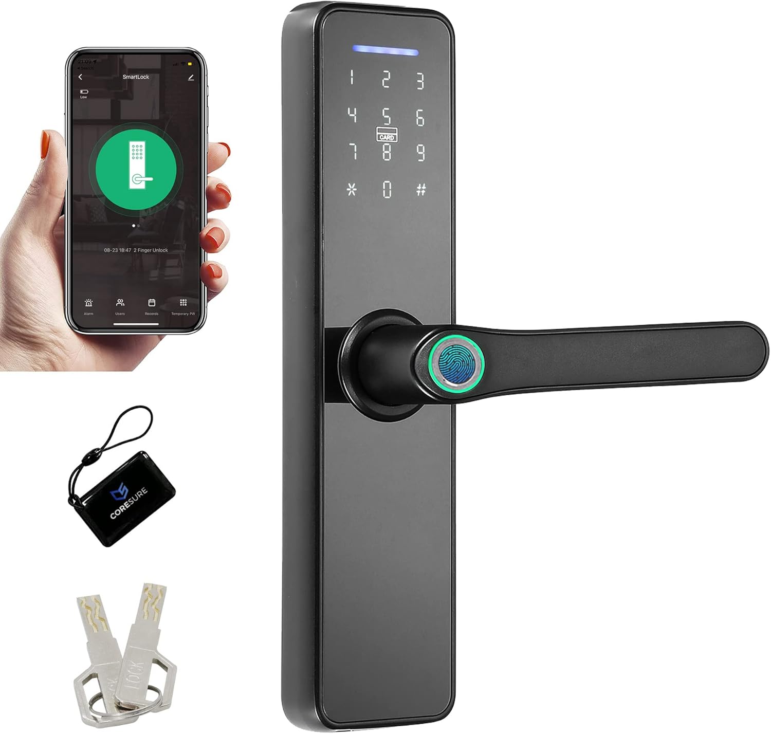 CoreSure Smart Keyless Entry Door Lock - Fingerprint Electronic Deadbolt Door Lock, Auto Locking, Smart Door Lock and Password Card - Compatible with Tuya Smart Home App for Remote Access