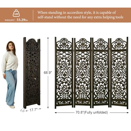 5.75Ft Room Divider Wood Carved Wall Divider Indoor Folding Portable Partition Screen for Home Office Garden Terrace - 4 Panel (Antique Brown)