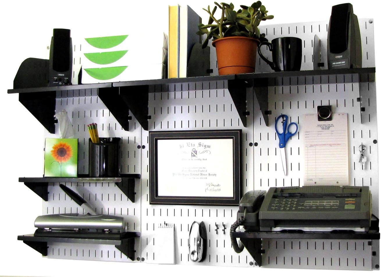 Wall Control Office Organizer Unit Wall Mounted Office Desk Storage and Organization Kit Metallic Wall Panels and Black Accessories